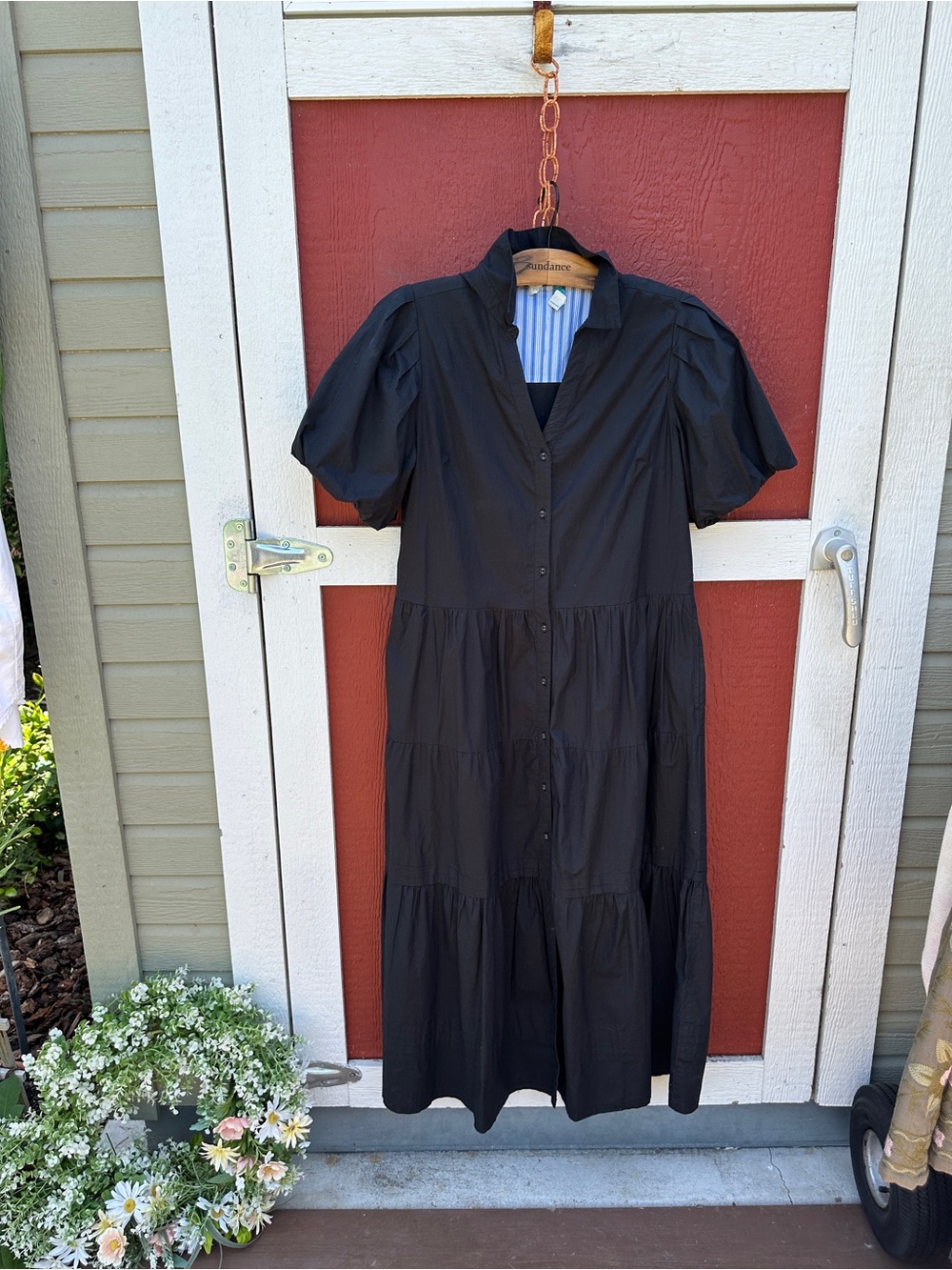 Sundance Black Button-Front Puff Sleeve Tiered Midi Dress
